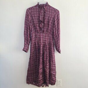Sandro Paris Thina Printed Midi Dress w/Ruffles Bordeaux Size 36